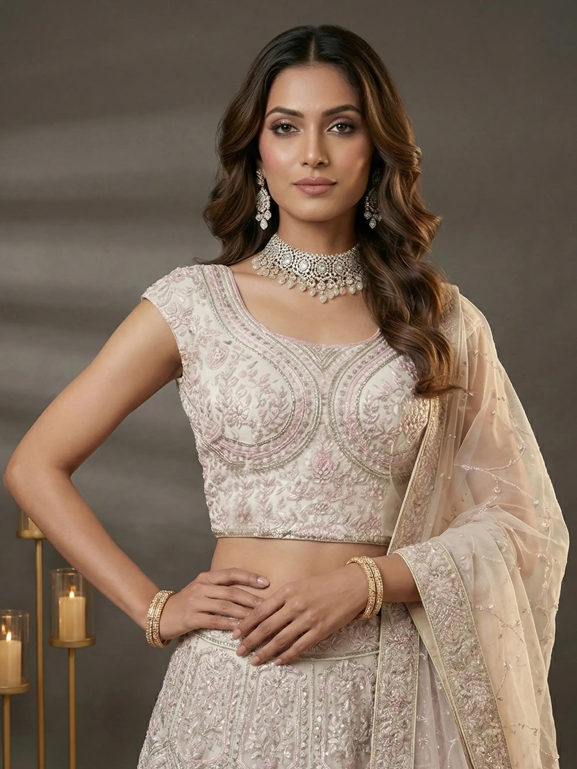 Impressive White Diamond Work Net Reception Wear Lehenga Choli