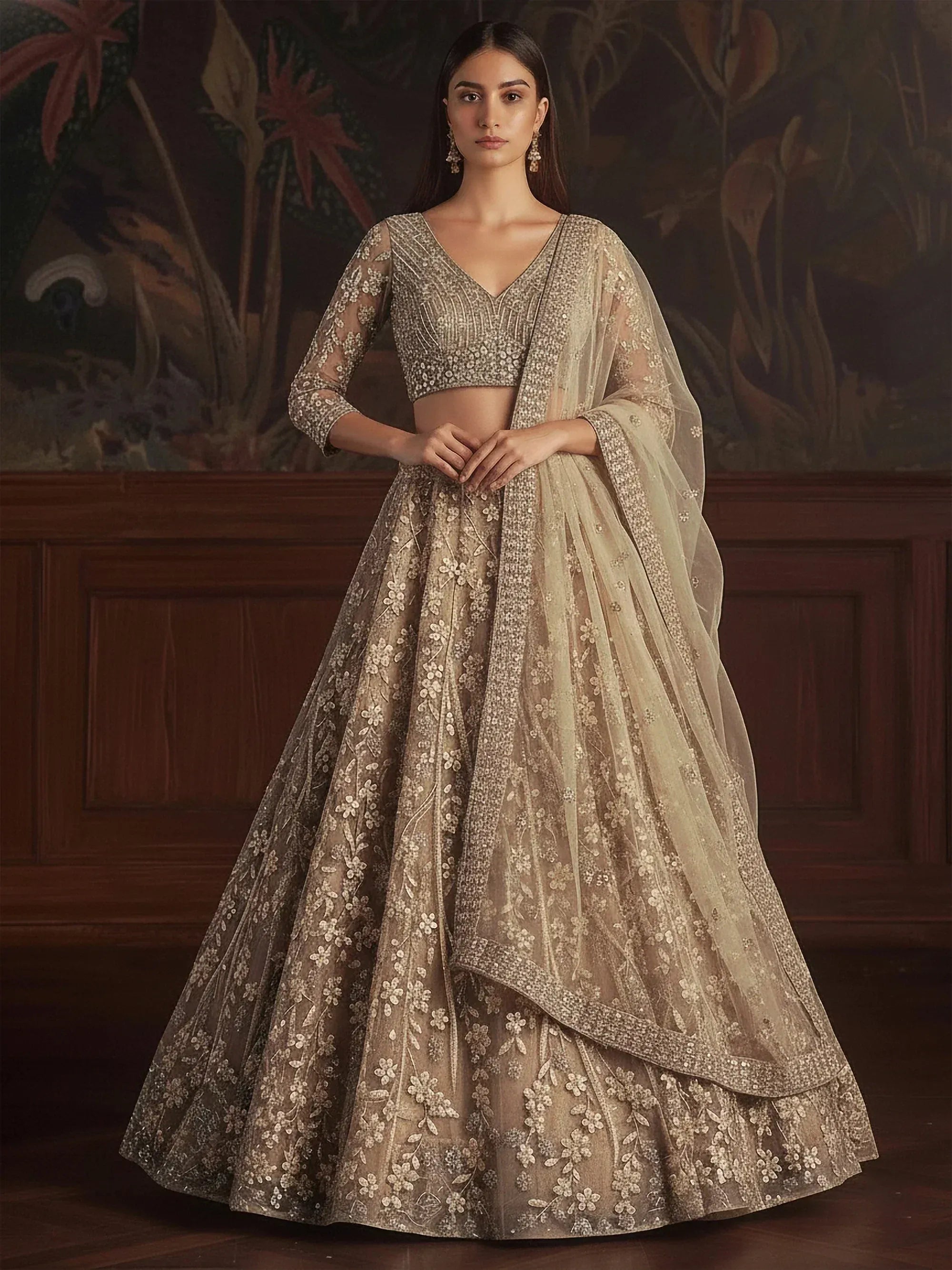 Alluring Golden Sequins Embroidered Net Reception Wear Lehenga Choli