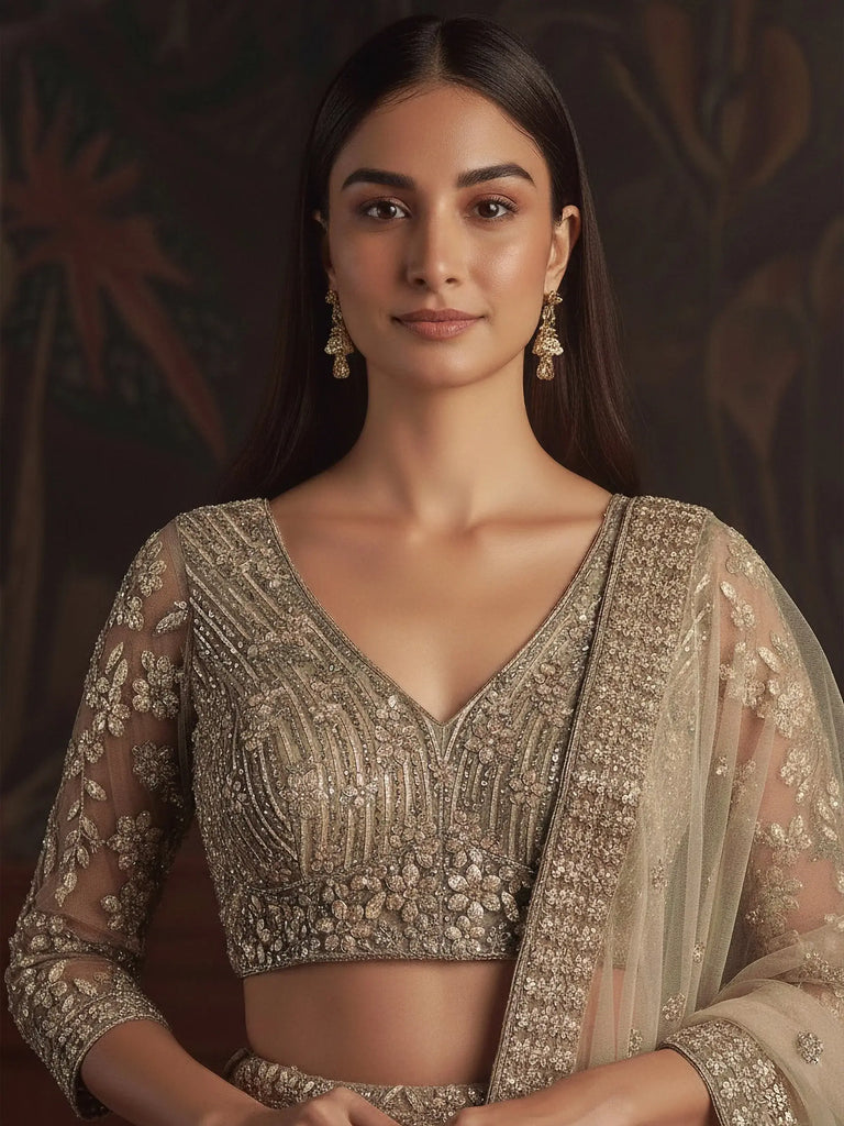 Alluring Golden Sequins Embroidered Net Reception Wear Lehenga Choli