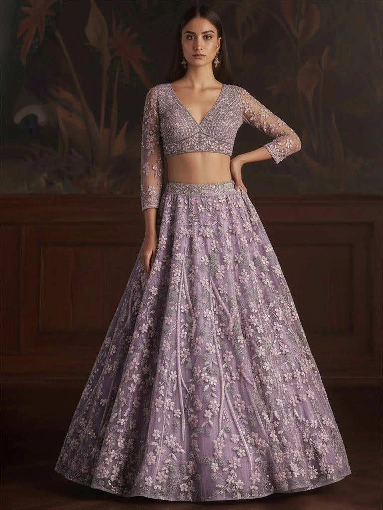 Graceful Purple Sequins Embroidered Net Reception Wear Lehenga Choli
