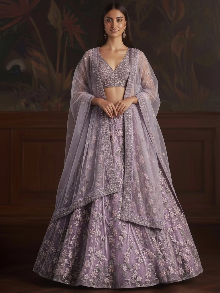 Graceful Purple Sequins Embroidered Net Reception Wear Lehenga Choli