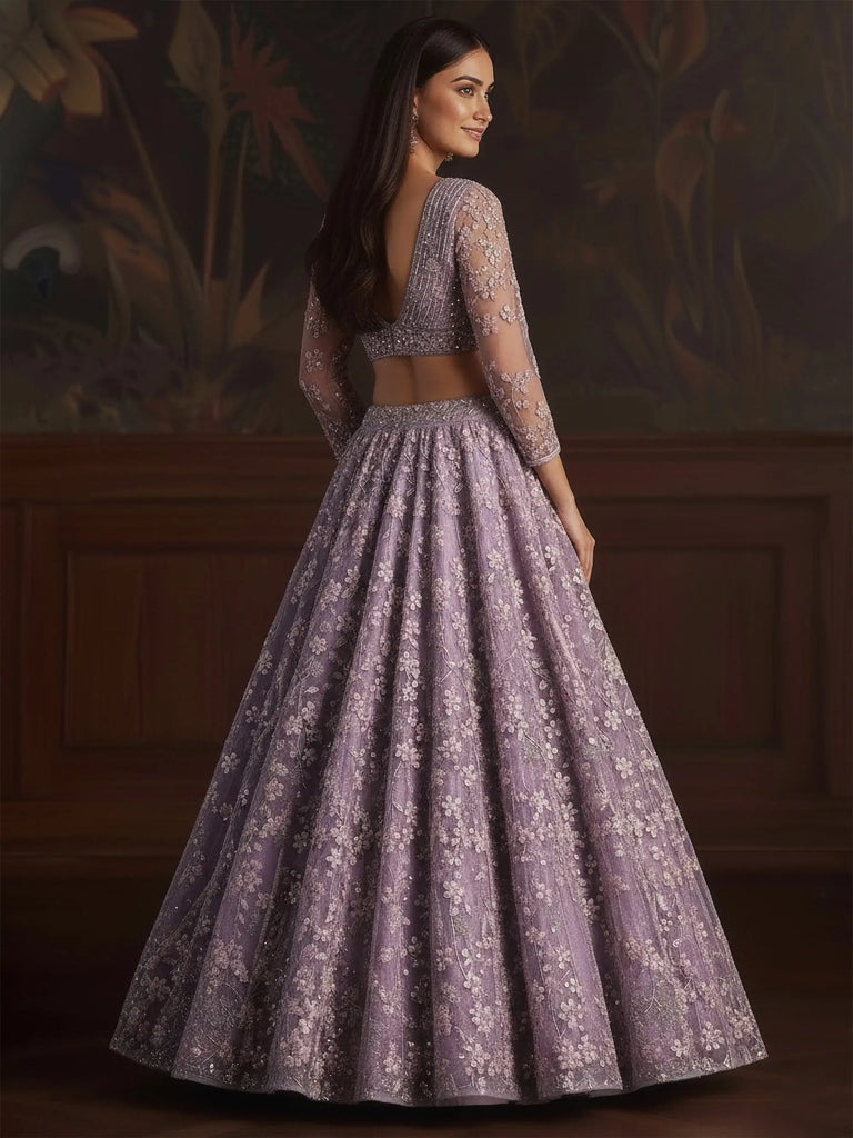 Graceful Purple Sequins Embroidered Net Reception Wear Lehenga Choli