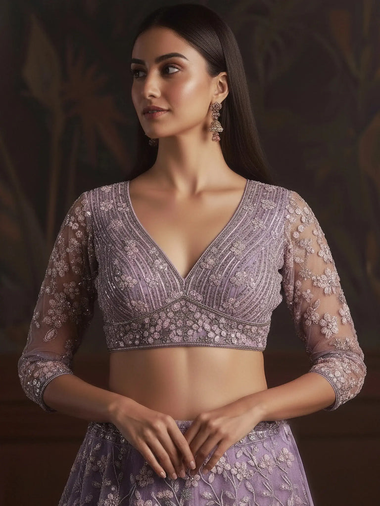 Graceful Purple Sequins Embroidered Net Reception Wear Lehenga Choli