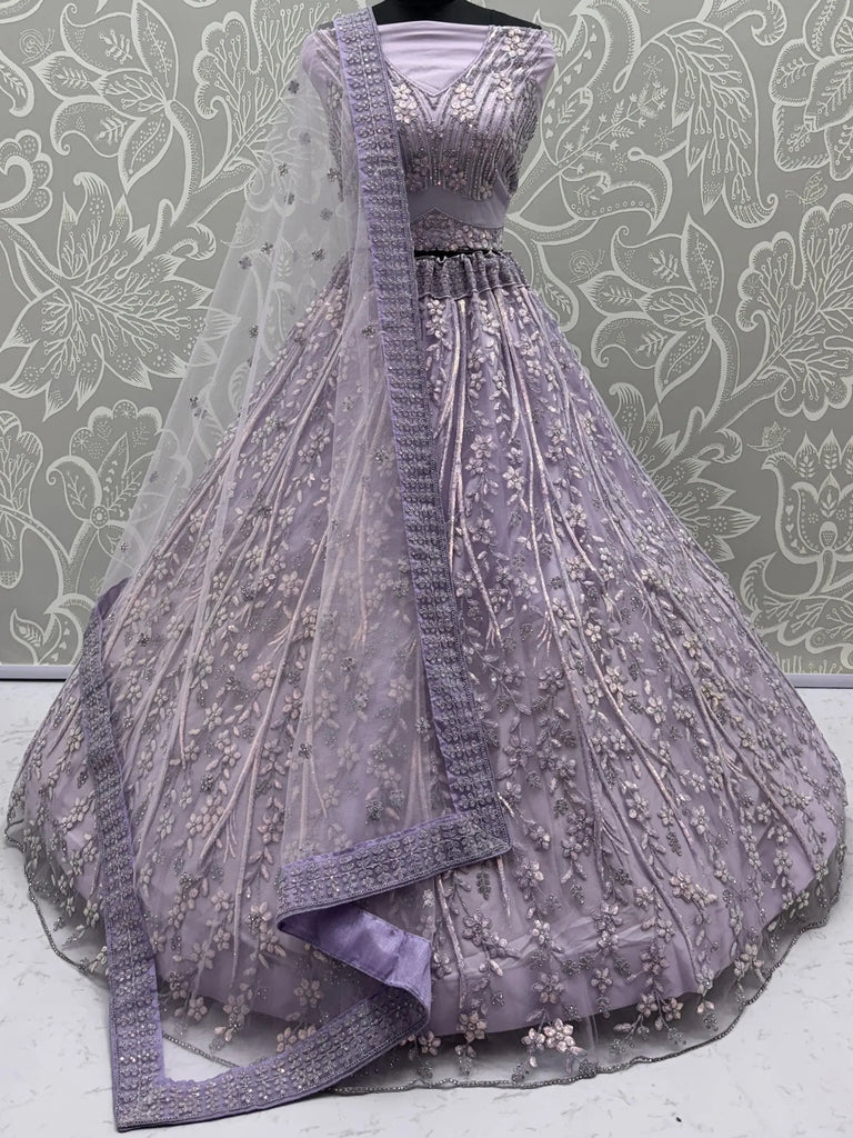 Graceful Purple Sequins Embroidered Net Reception Wear Lehenga Choli
