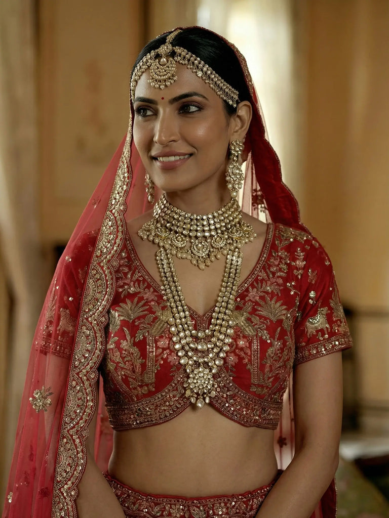 Stylish Red Embroidered Silk Bridal Lehenga Choli With Double Dupatta