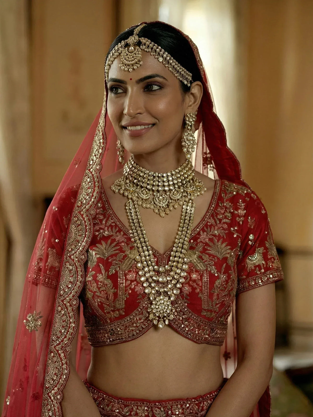Red embroidered lehenga choli with gold jewelry and dupatta for Indian weddings