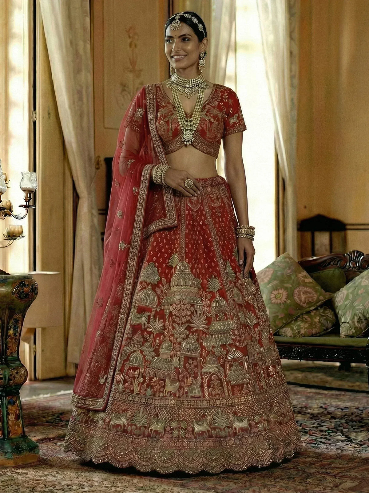 Red embroidered lehenga choli with gold detailing, perfect for Indian ethnic wear