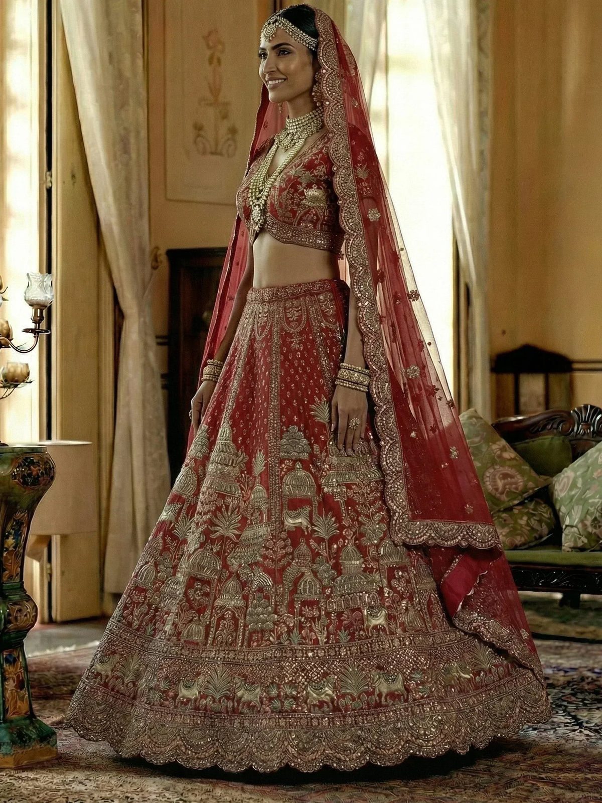 Elegant red lehenga choli with intricate gold embroidery and matching dupatta for Indian weddings