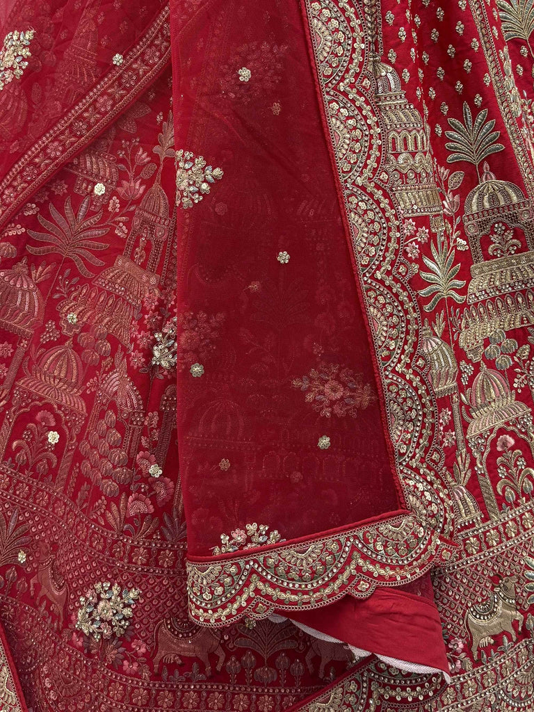 Stylish Red Embroidered Silk Bridal Lehenga Choli With Double Dupatta