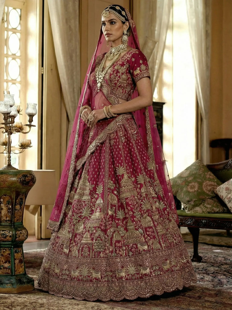 Pretty Pink Embroidered Silk Bridal Lehenga Choli With Double Dupatta