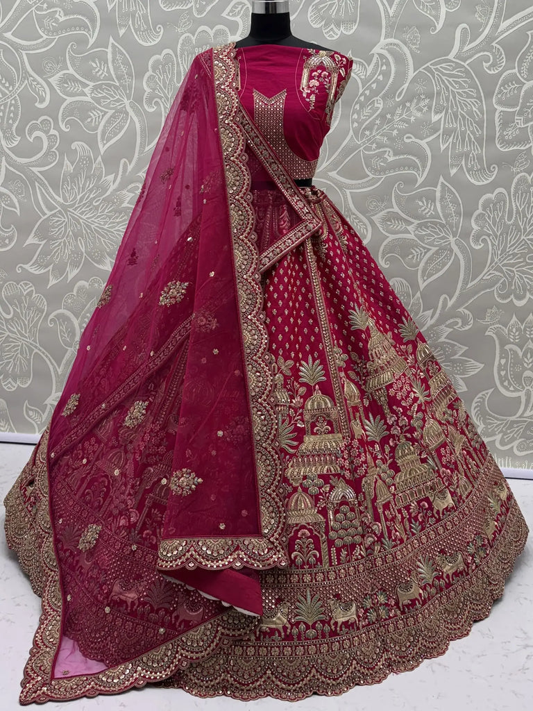 Pretty Pink Embroidered Silk Bridal Lehenga Choli With Double Dupatta