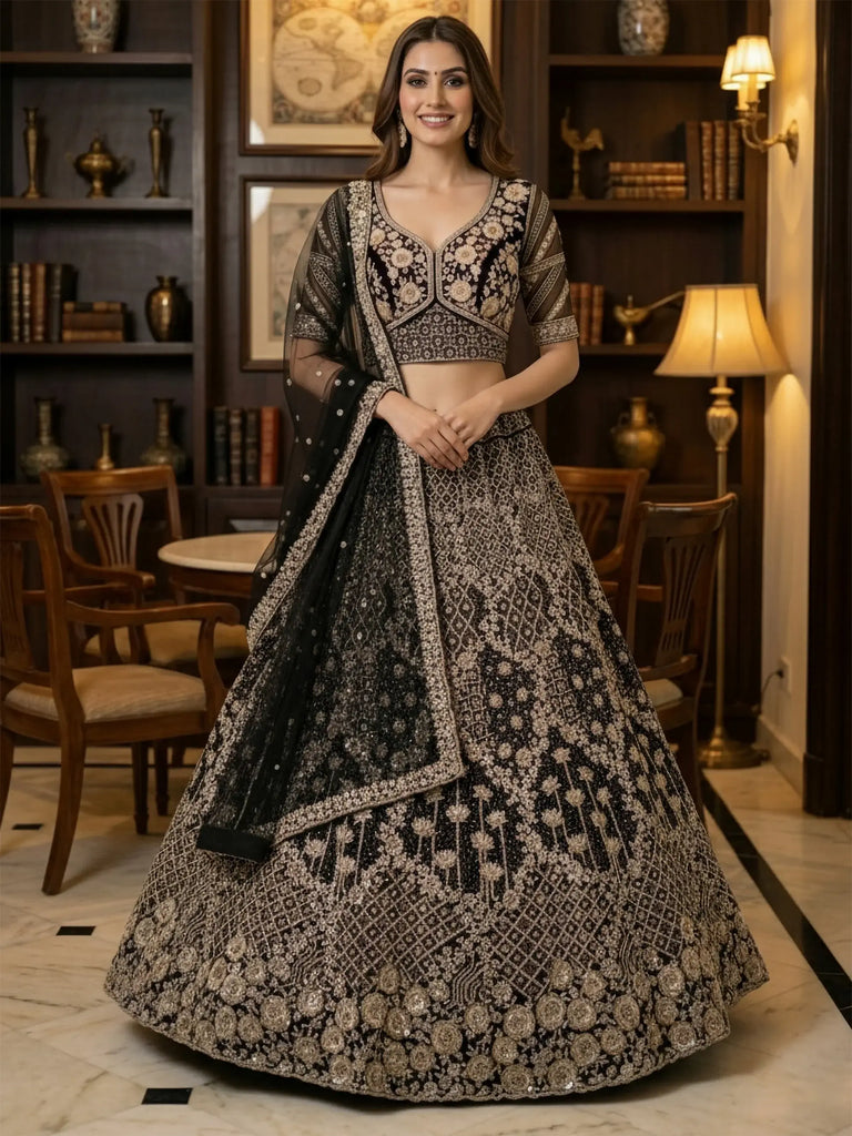 Incredible Black Sequins Embroidered Net Reception Wear Lehenga Choli