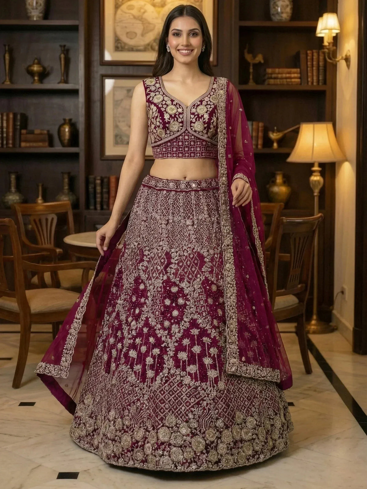 Elegant maroon lehenga choli with intricate gold embroidery and matching dupatta, perfect for Indian weddings and festive occasions.
