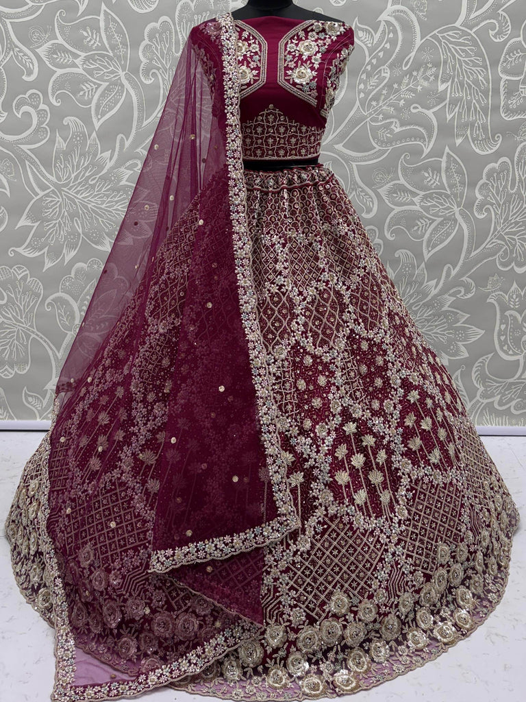 Classic Pink Thread Embroidered Silk Wedding Wear Lehenga Choli