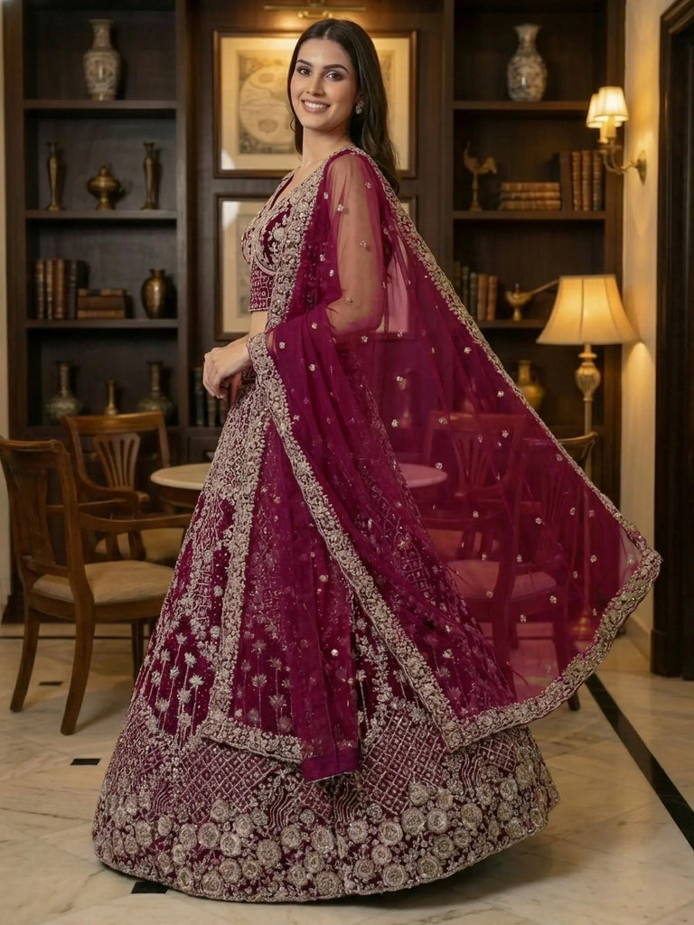 Classic Pink Thread Embroidered Silk Wedding Wear Lehenga Choli
