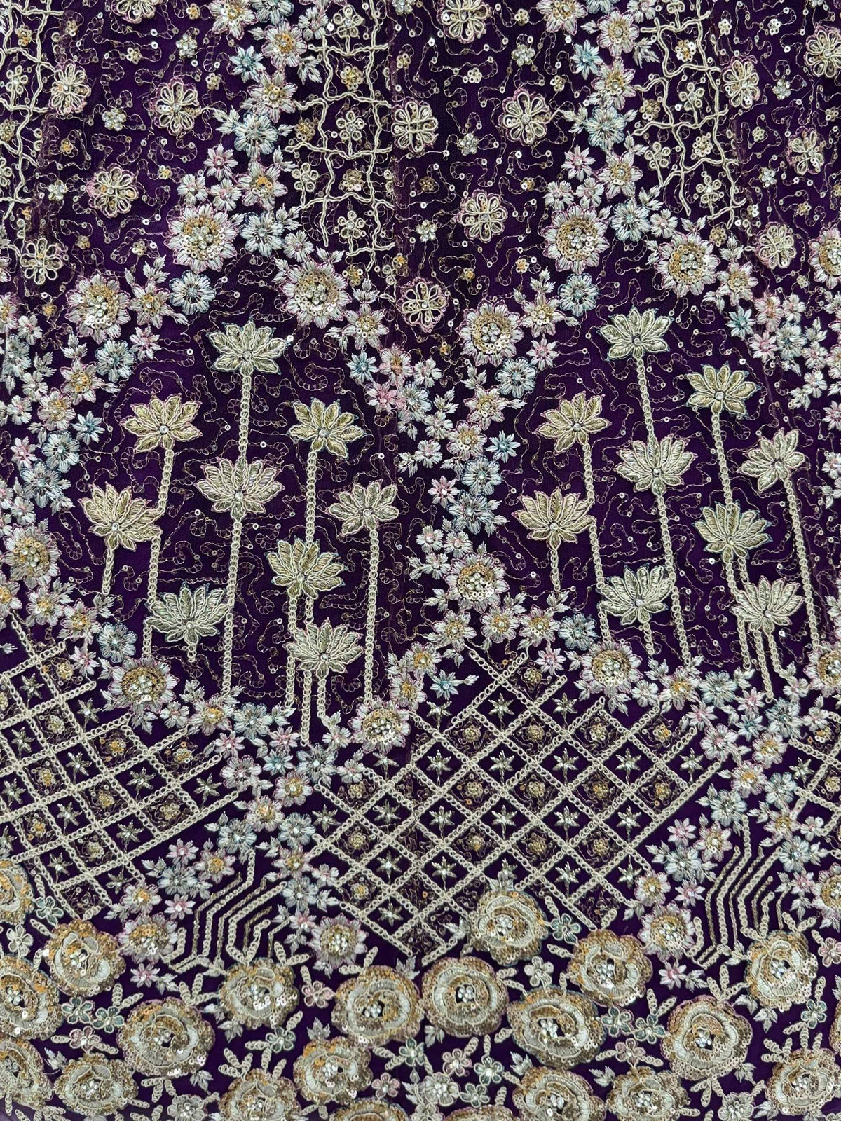 Purple ethnic fabric with floral embroidery and sequin detailing for designer lehenga or saree