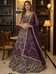 Alluring Wine Thread Embroidered Silk Reception Wear Lehenga Choli