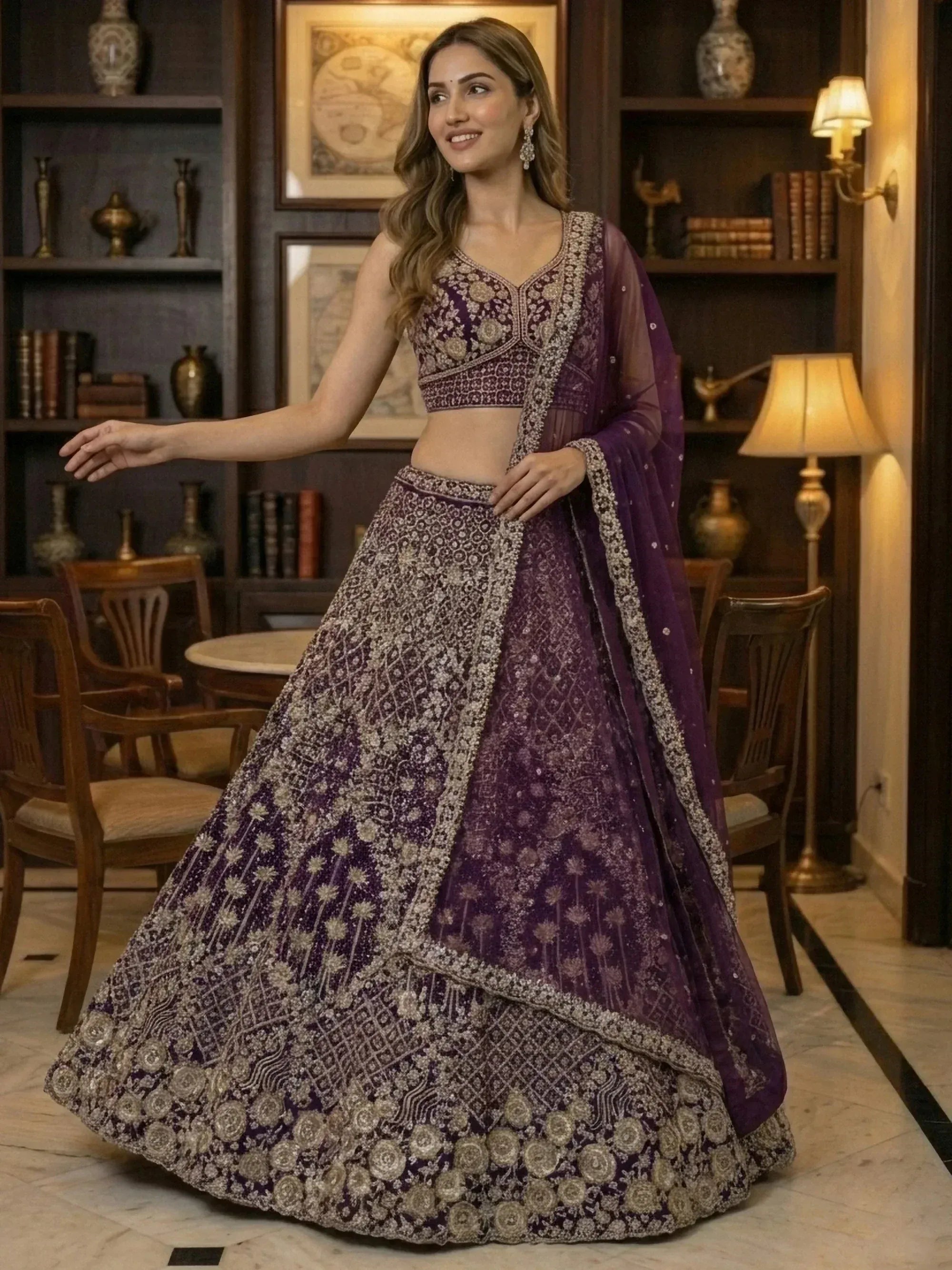 Elegant purple lehenga choli with intricate gold embroidery and matching dupatta, perfect for Indian weddings and festive occasions.
