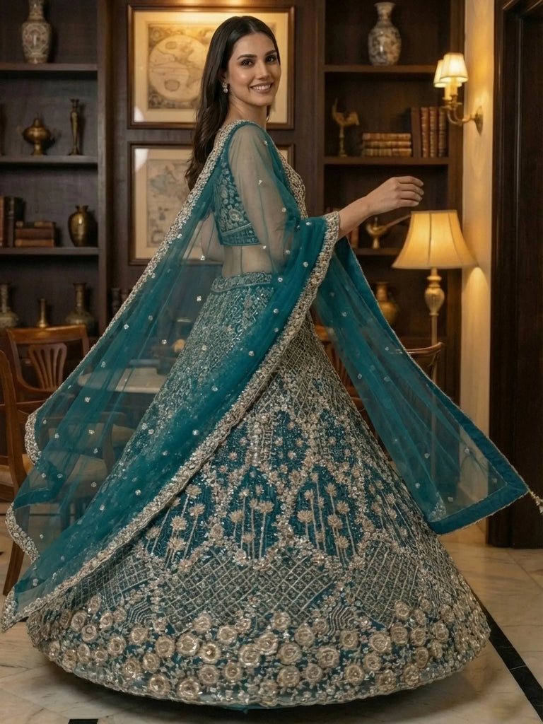 Amazing Blue Thread Embroidered Silk Party Wear Lehenga Choli