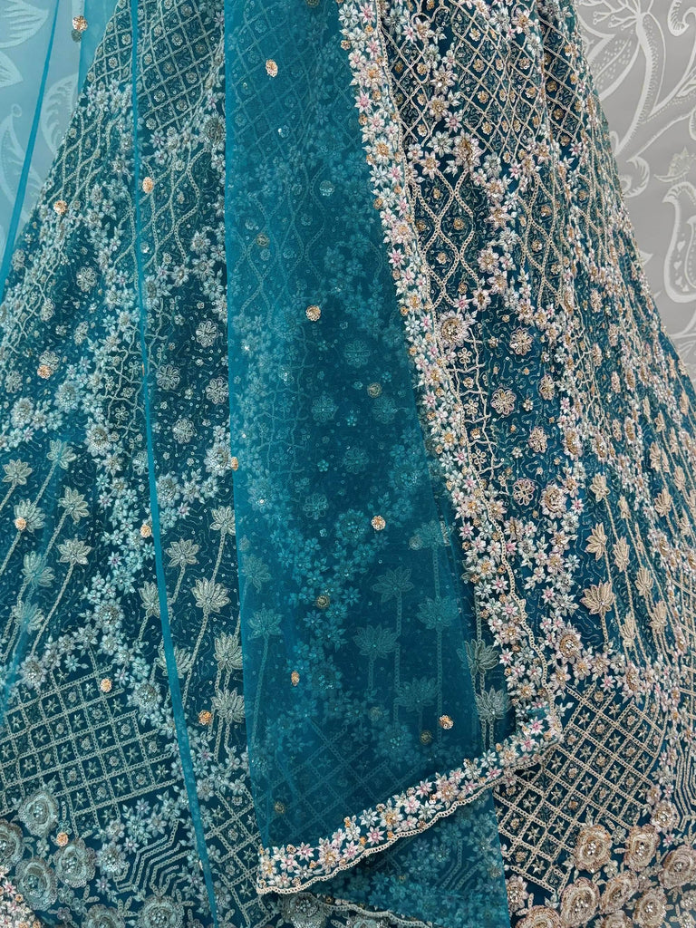 Amazing Blue Thread Embroidered Silk Party Wear Lehenga Choli