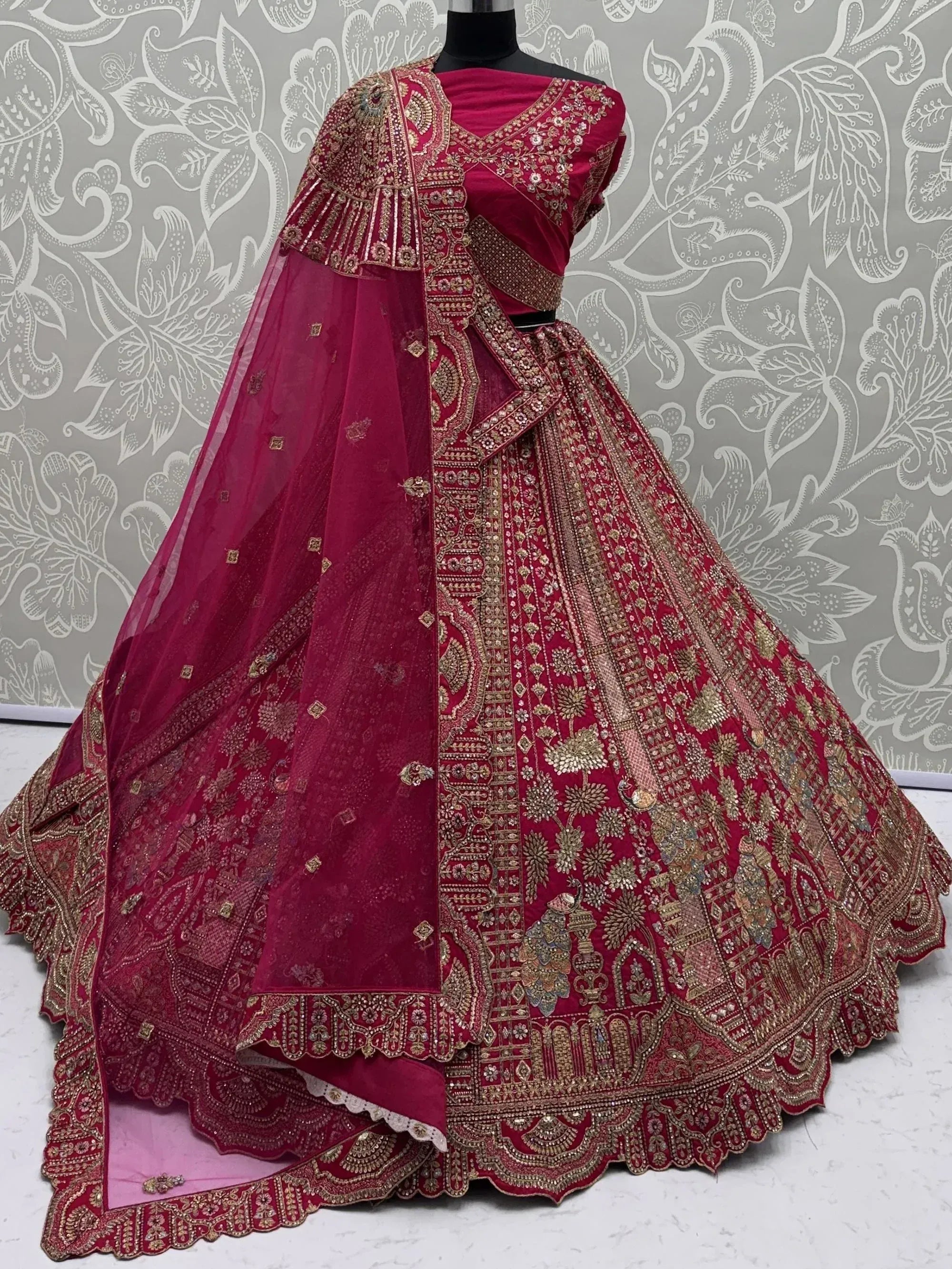 Great Pink Embroidered Silk Bridal Lehenga Choli With Double Dupatta