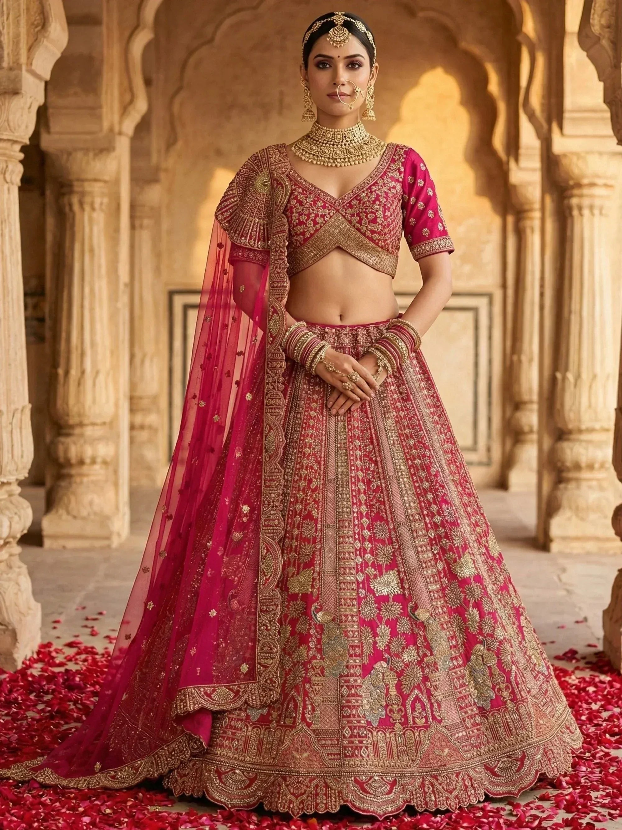 Great Pink Embroidered Silk Bridal Lehenga Choli With Double Dupatta