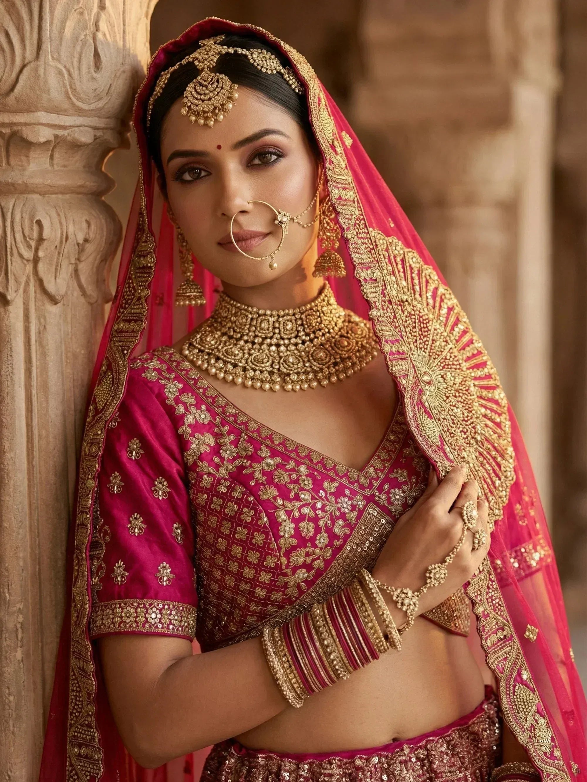 Great Pink Embroidered Silk Bridal Lehenga Choli With Double Dupatta