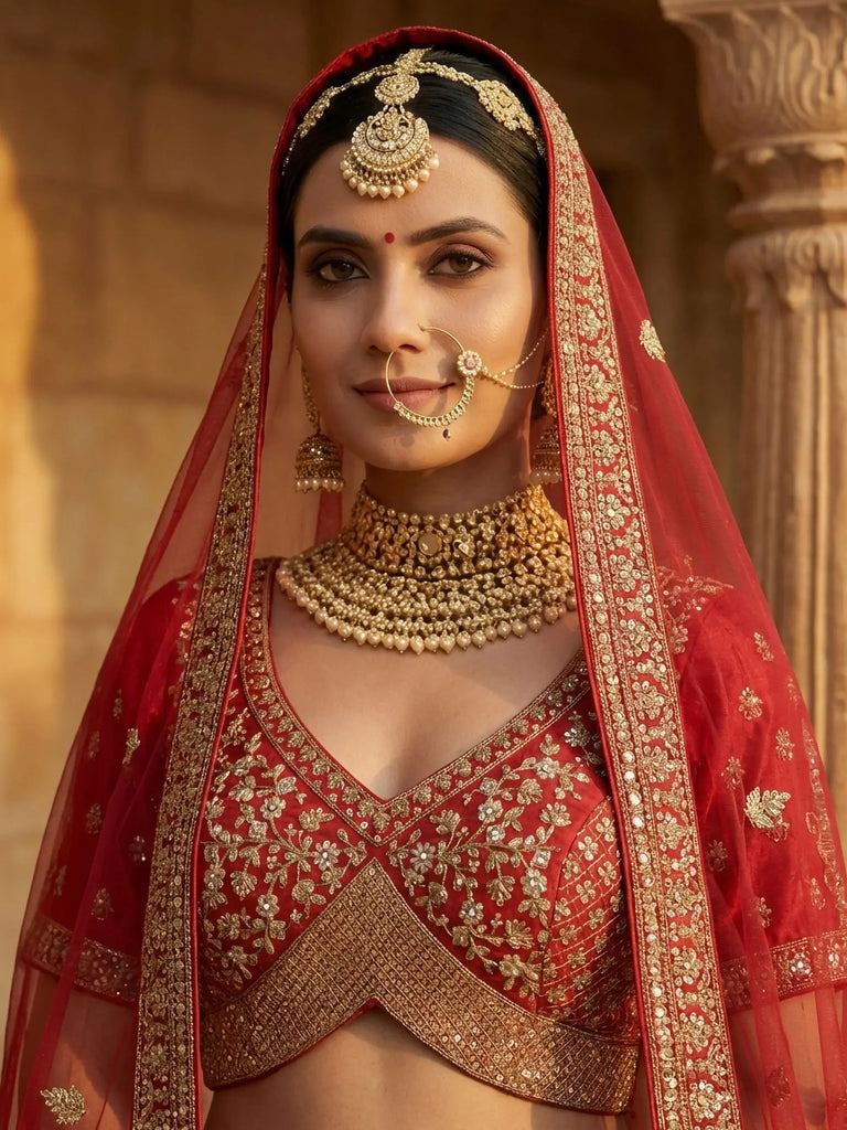 Lovely Red Embroidered Silk Bridal Lehenga Choli With Double Dupatta