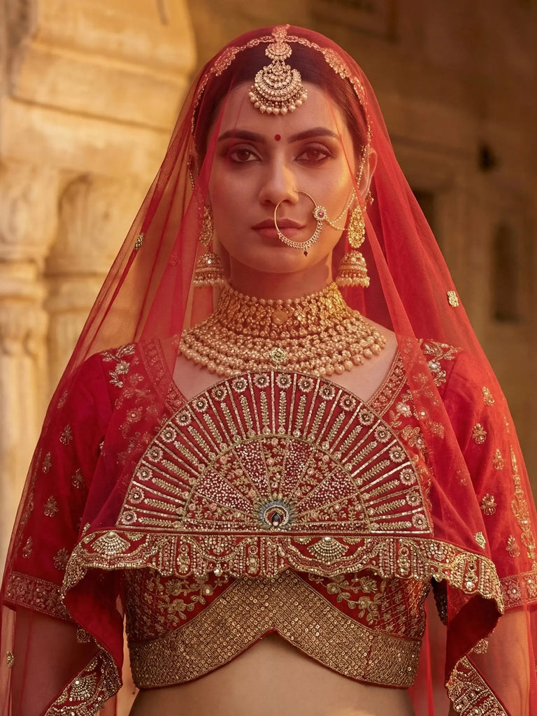 Lovely Red Embroidered Silk Bridal Lehenga Choli With Double Dupatta