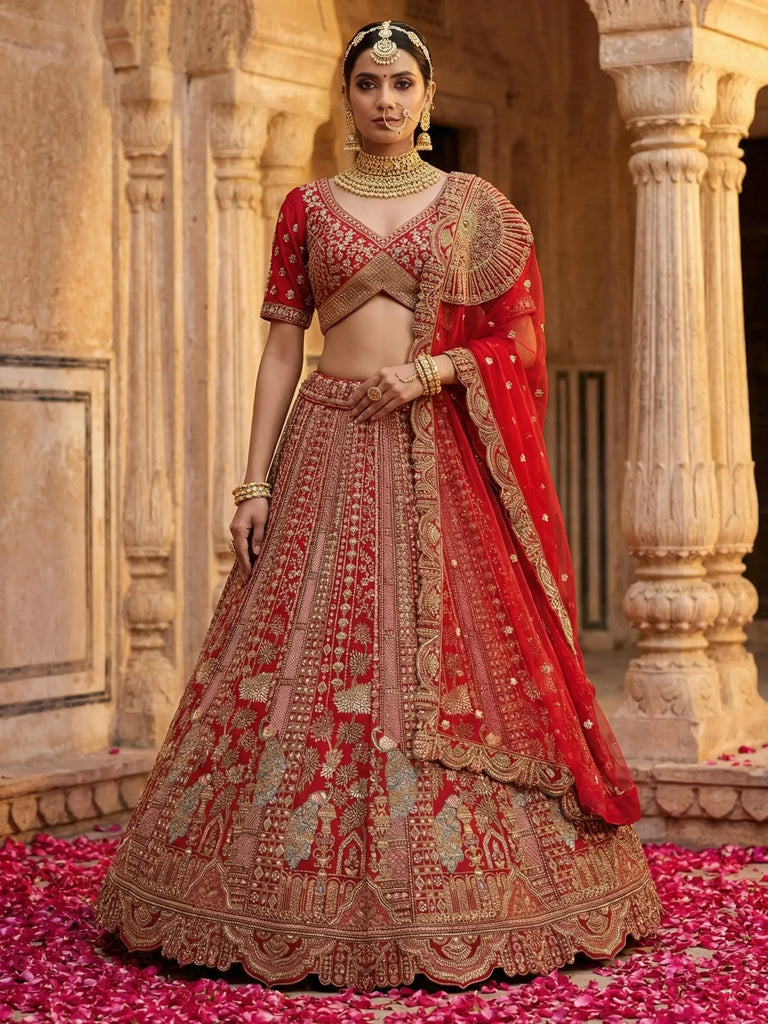 Lovely Red Embroidered Silk Bridal Lehenga Choli With Double Dupatta