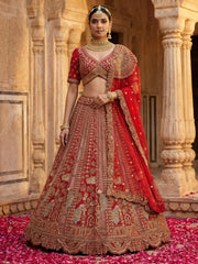 Lovely Red Embroidered Silk Bridal Lehenga Choli With Double Dupatta