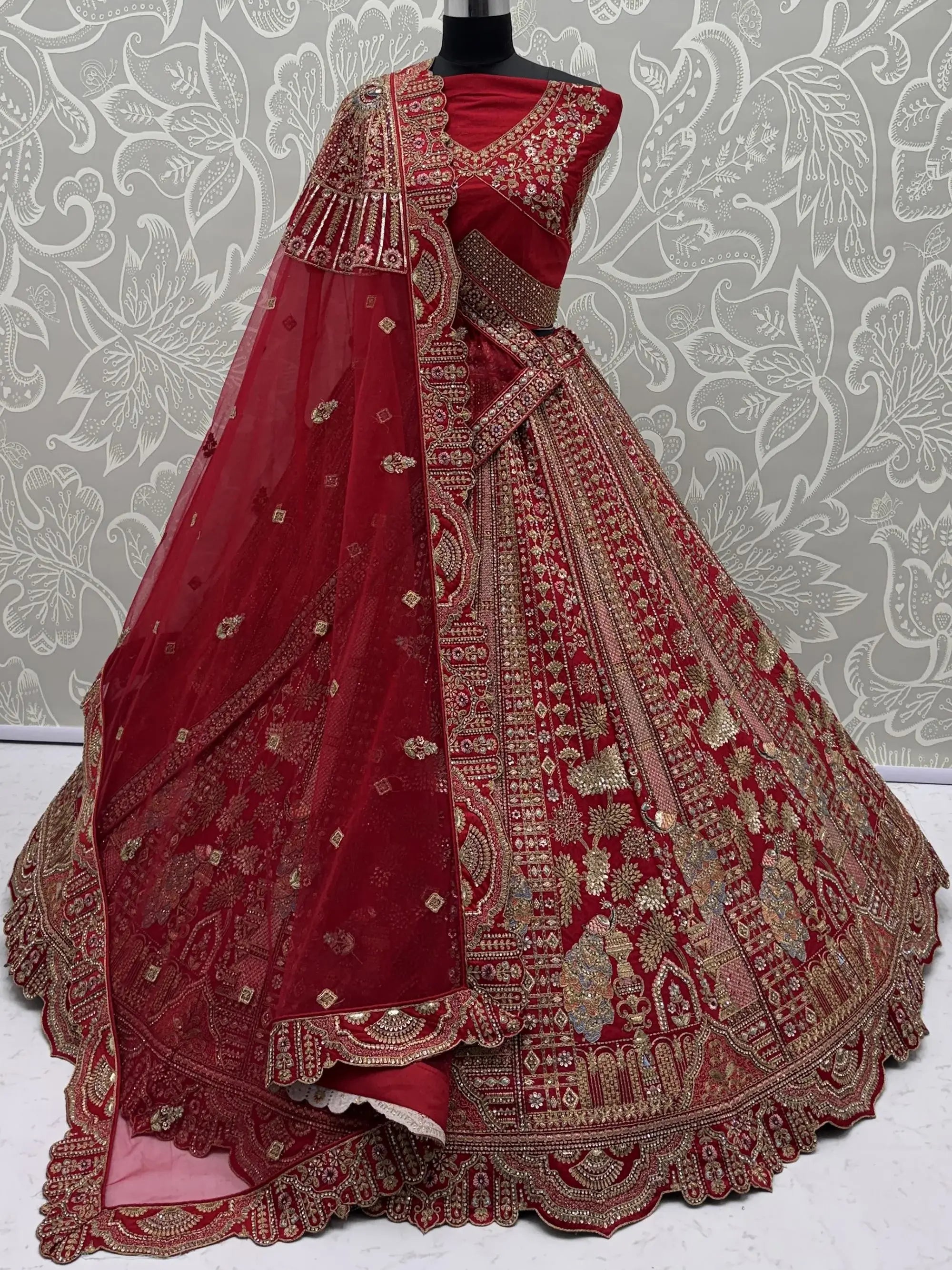 Lovely Red Embroidered Silk Bridal Lehenga Choli With Double Dupatta