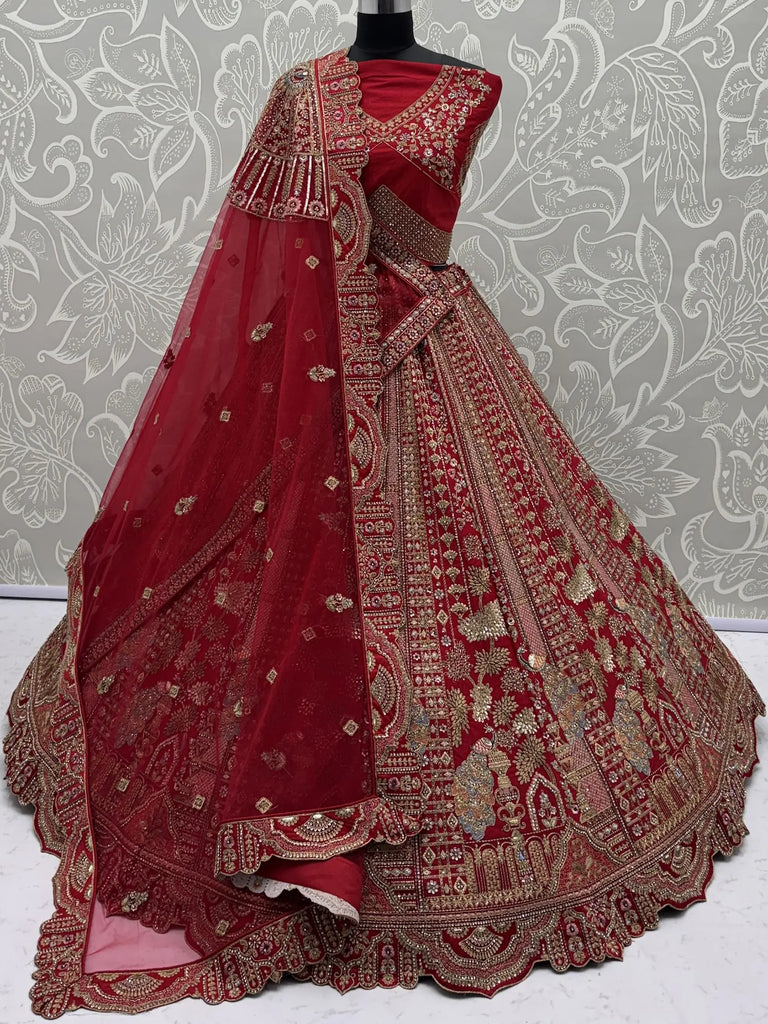 Lovely Red Embroidered Silk Bridal Lehenga Choli With Double Dupatta