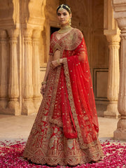 Lovely Red Embroidered Silk Bridal Lehenga Choli With Double Dupatta