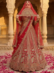 Lovely Red Embroidered Silk Bridal Lehenga Choli With Double Dupatta