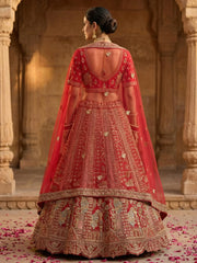 Lovely Red Embroidered Silk Bridal Lehenga Choli With Double Dupatta