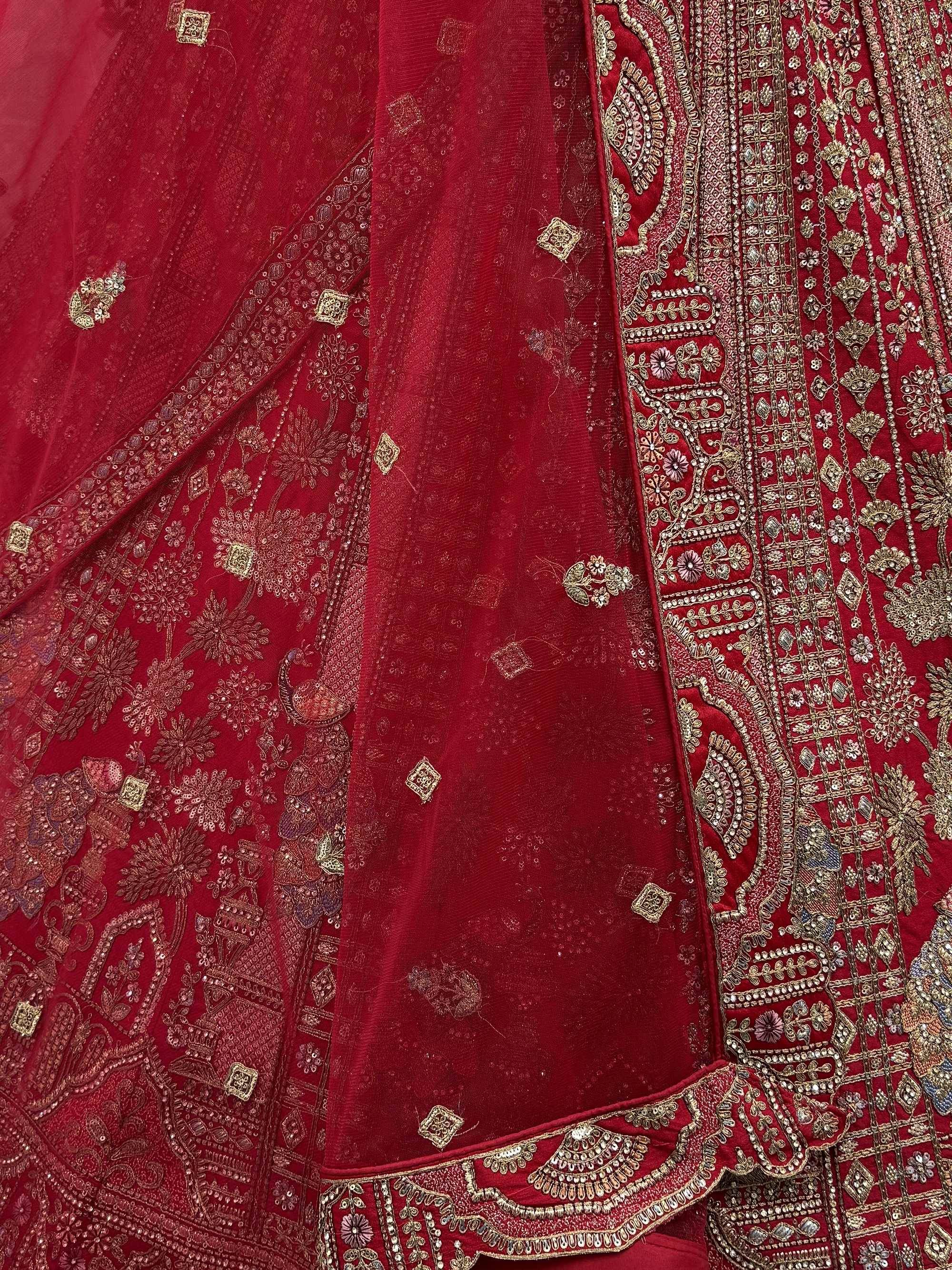 Lovely Red Embroidered Silk Bridal Lehenga Choli With Double Dupatta
