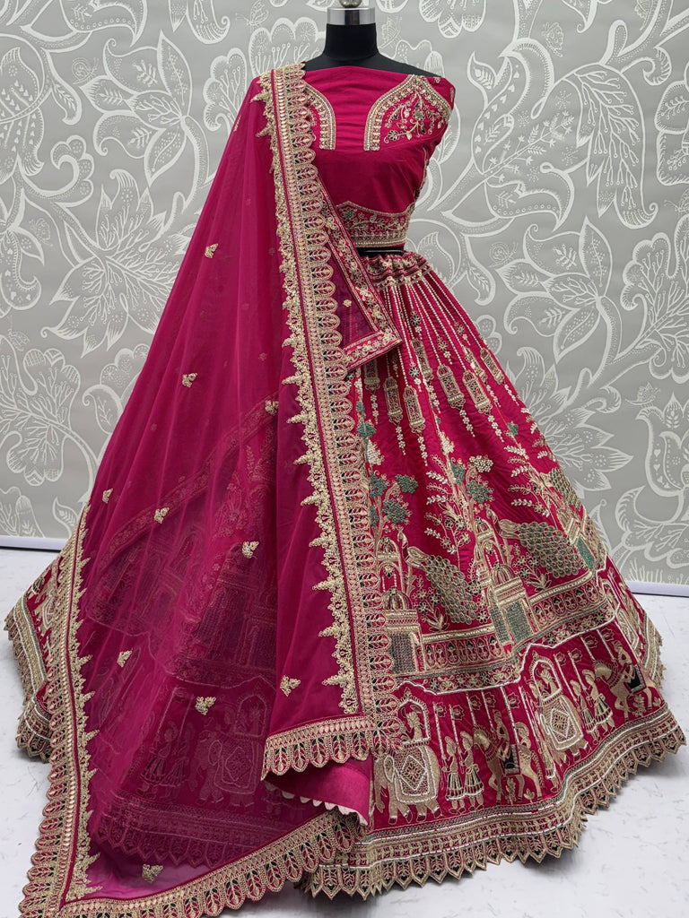 Lovely Red Embroidered Silk Bridal Lehenga Choli With Double Dupatta