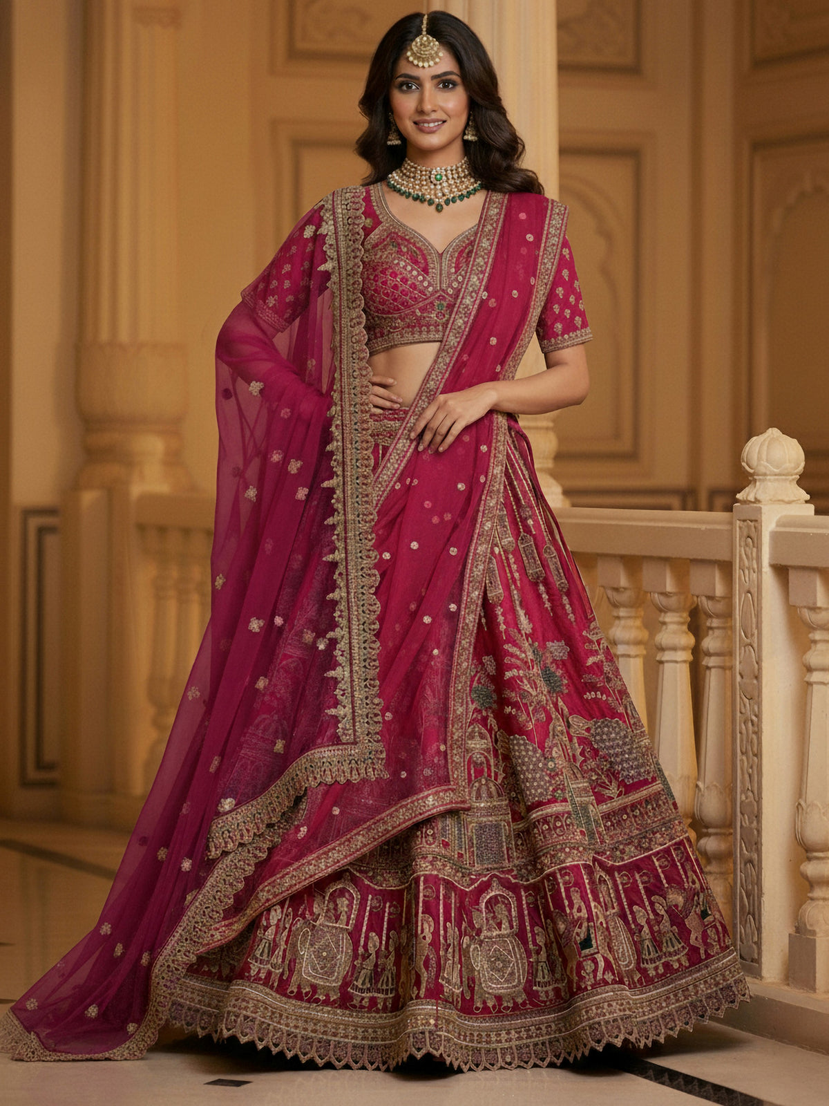 Lovely Red Embroidered Silk Bridal Lehenga Choli With Double Dupatta