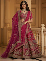Lovely Red Embroidered Silk Bridal Lehenga Choli With Double Dupatta