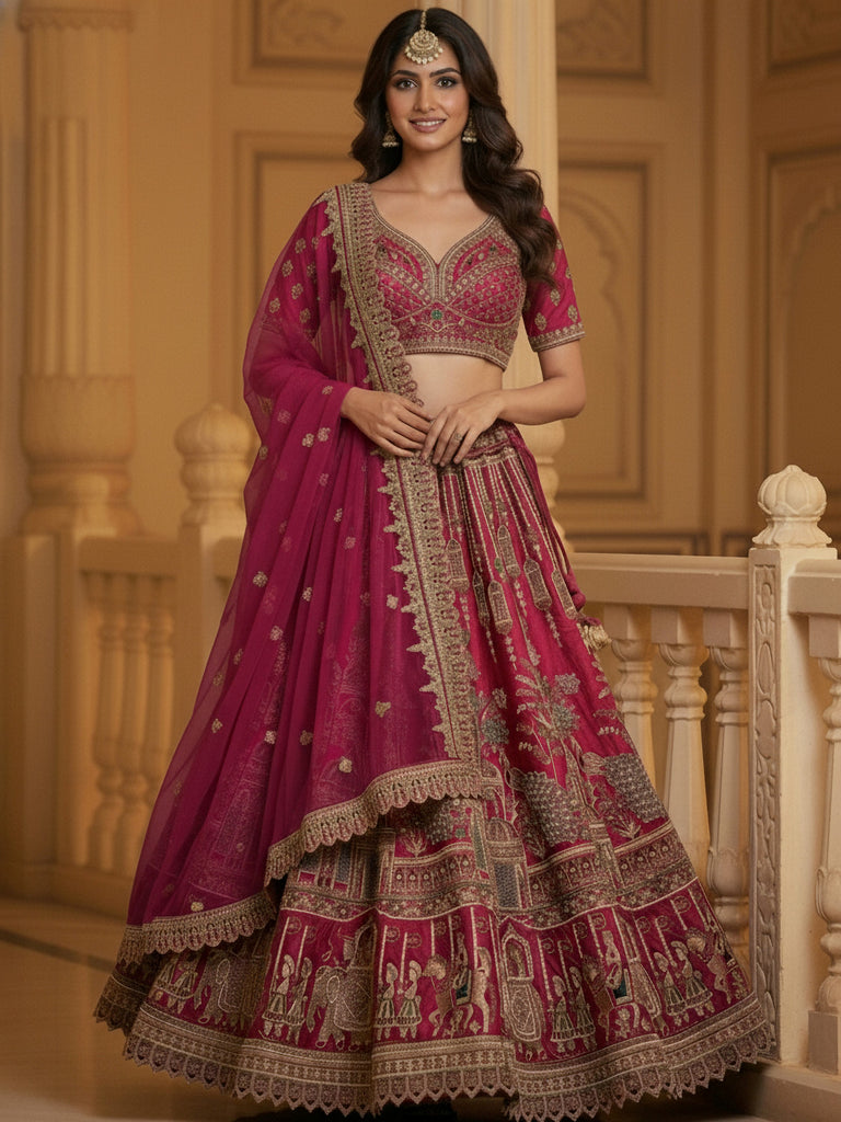Lovely Red Embroidered Silk Bridal Lehenga Choli With Double Dupatta