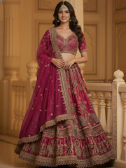 Lovely Red Embroidered Silk Bridal Lehenga Choli With Double Dupatta