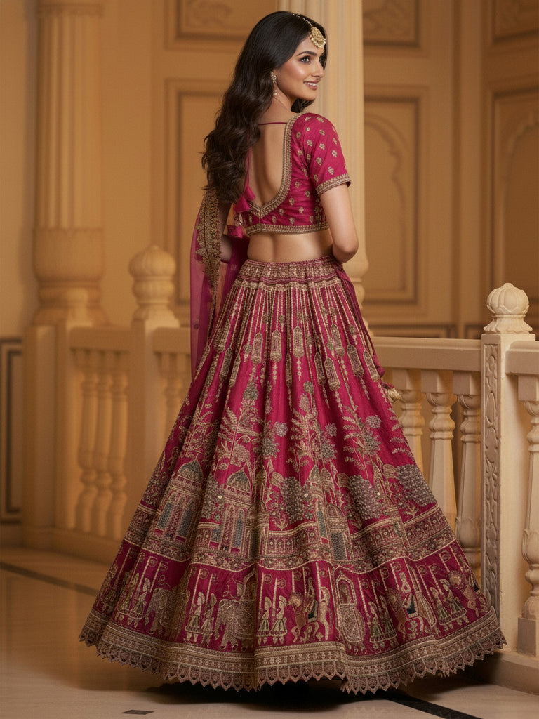 Lovely Red Embroidered Silk Bridal Lehenga Choli With Double Dupatta