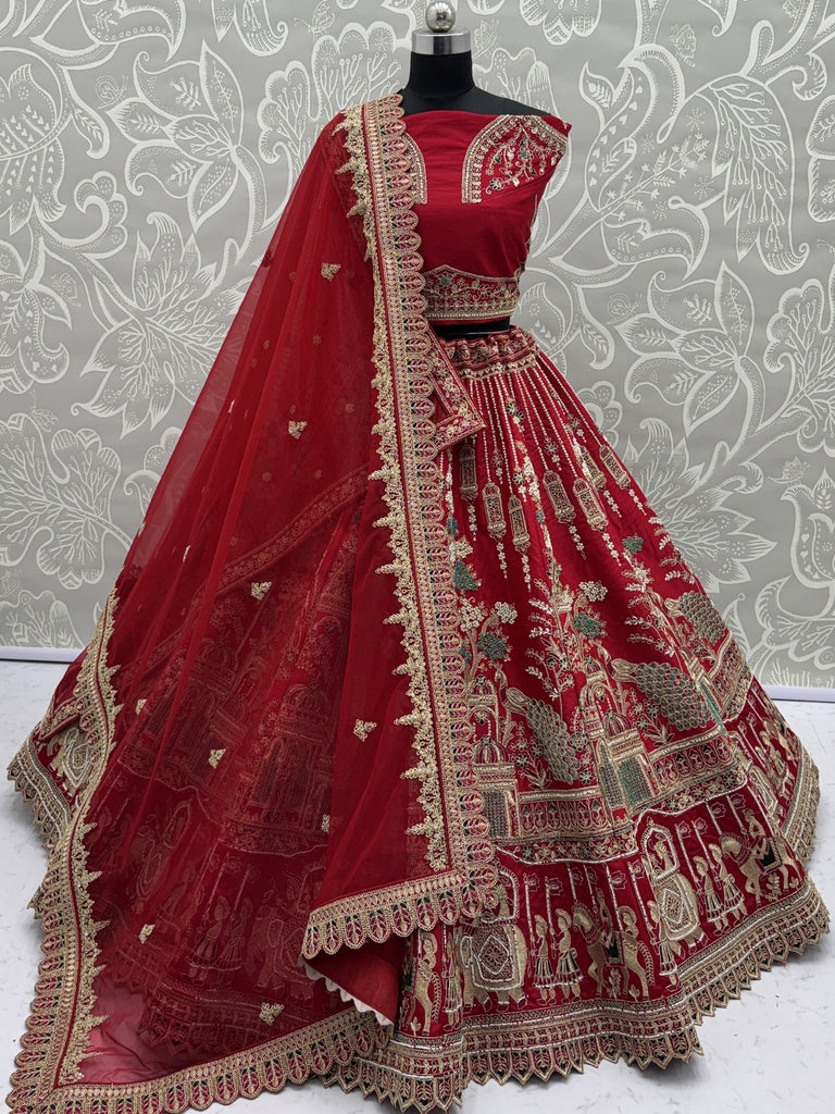 Graceful Red Embroidered Silk Bridal Lehenga Choli With Double Dupatta 