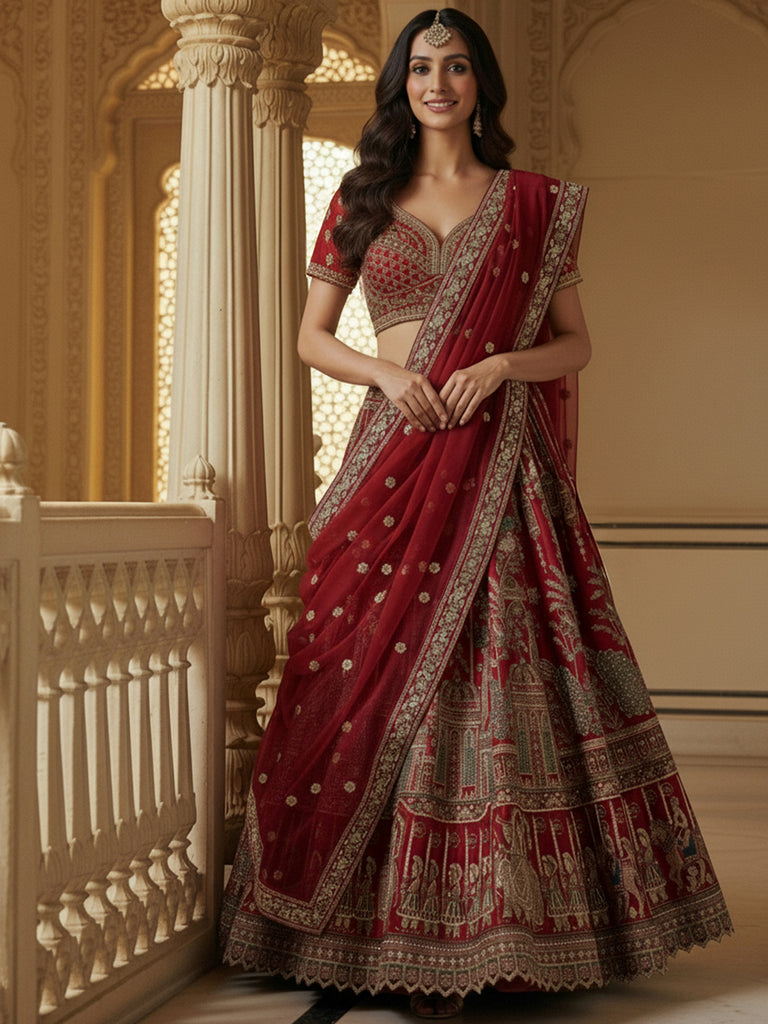 Graceful Red Embroidered Silk Bridal Lehenga Choli With Double Dupatta 