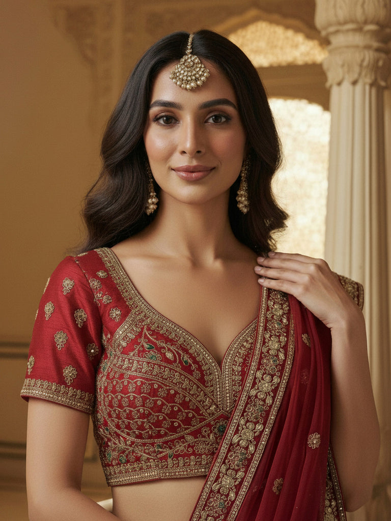 Graceful Red Embroidered Silk Bridal Lehenga Choli With Double Dupatta 