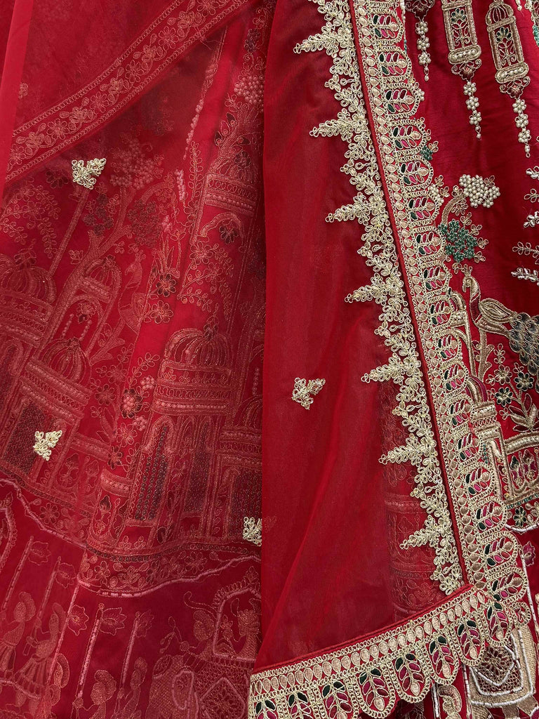 Graceful Red Embroidered Silk Bridal Lehenga Choli With Double Dupatta 