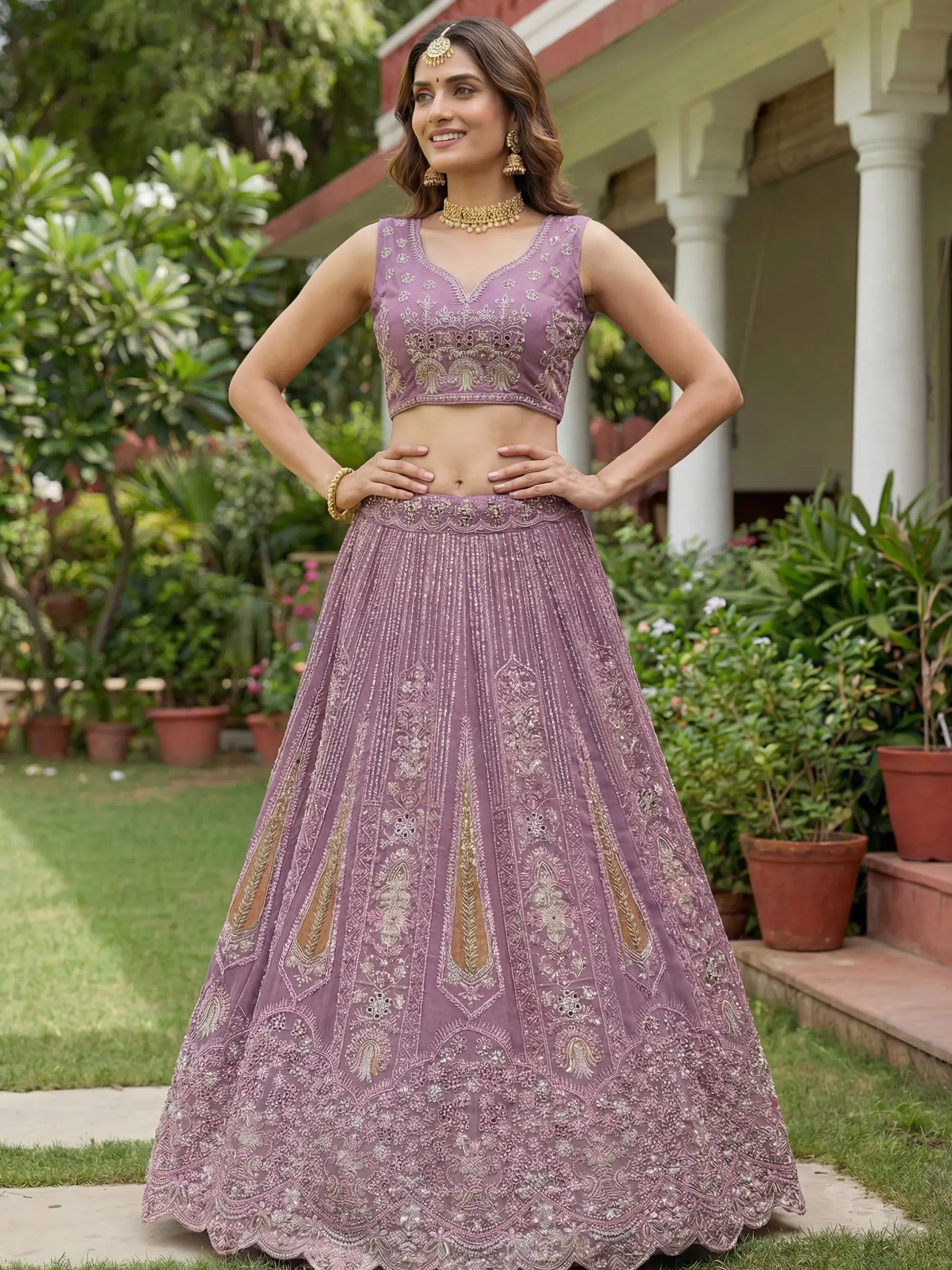 Stylish Pink Dori Embroidered Net Reception Wear Lehenga Choli