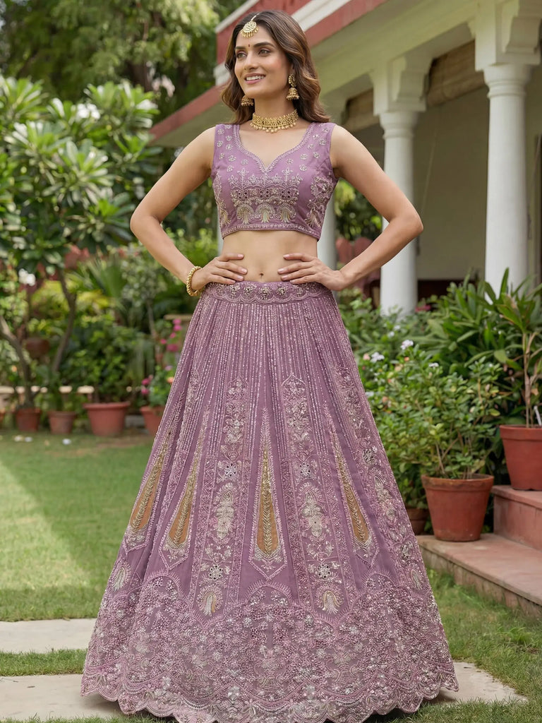 Stylish Pink Dori Embroidered Net Reception Wear Lehenga Choli