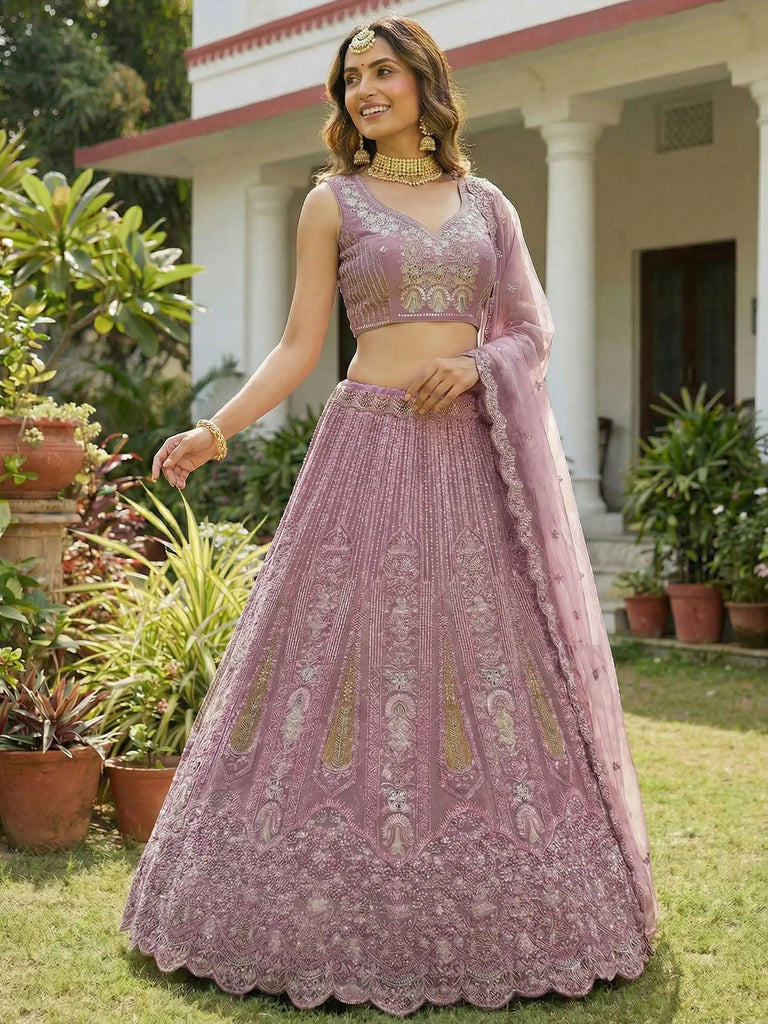 Stylish Pink Dori Embroidered Net Reception Wear Lehenga Choli